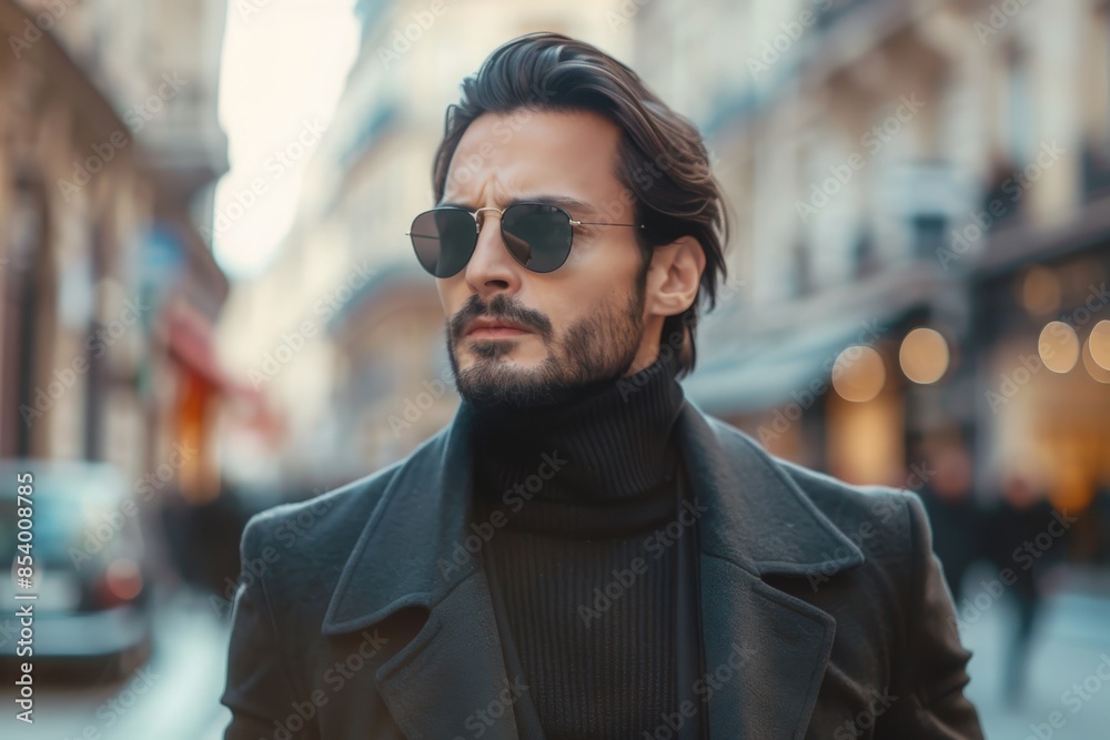 A handsome man in a black coat and turtleneck walks down a Parisian street, sporting sunglasses.