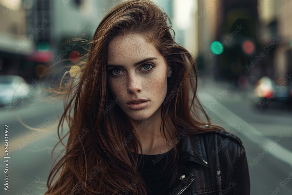 A young woman with long brown hair, wearing a black leather jacket, stands on a city street, looking directly at the camera. A young woman with long brown hair, wearing a black leather jacket, stands on a city street, looking directly at the camera.