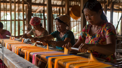 Silk production process in a rural silk farm, with workers reeling silk threads.


 photo
