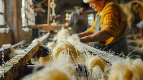 Silk production process in a rural silk farm, with workers reeling silk threads.


 photo