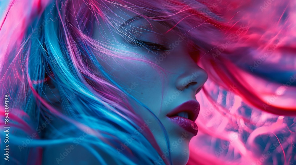 A woman with long, colorful hair is shown with a pinkish purple, perfect for hair salon, hair advertisement A woman with long, colorful hair is shown with a pinkish purple, perfect for hair salon, hair advertisement