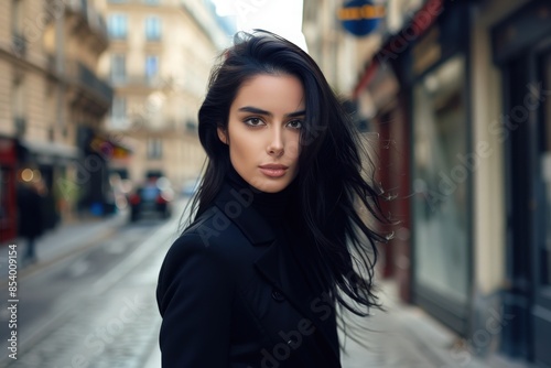 A beautiful woman with long black hair walks down a Parisian street, her stylish coat flowing in the breeze.