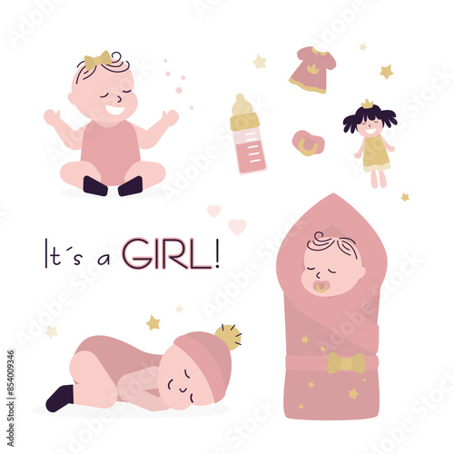 Set of cute baby infant. Adorable child in various poses with milk bottle, toys and pacifier. Happy smiling newborn girl. Baby shower greeting card with baby girl.