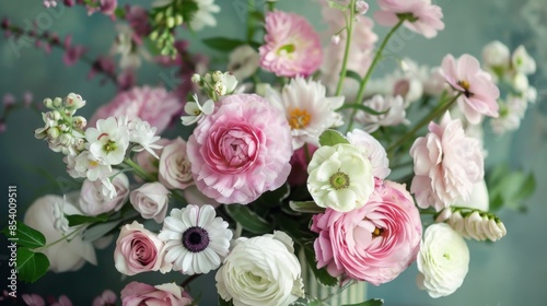 Close-up of lovely pink, white bouquet with ranunculus, daisies, assorted blooms in a vase. Pastel colors, delicate petals evoke romance, elegance.