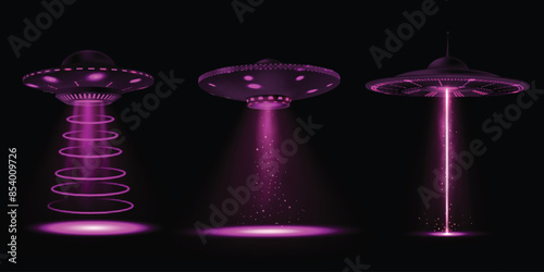 Alien spaceship, UFO with purple vertical beam light, smoke particles vector set, portals of flying unidentified saucers