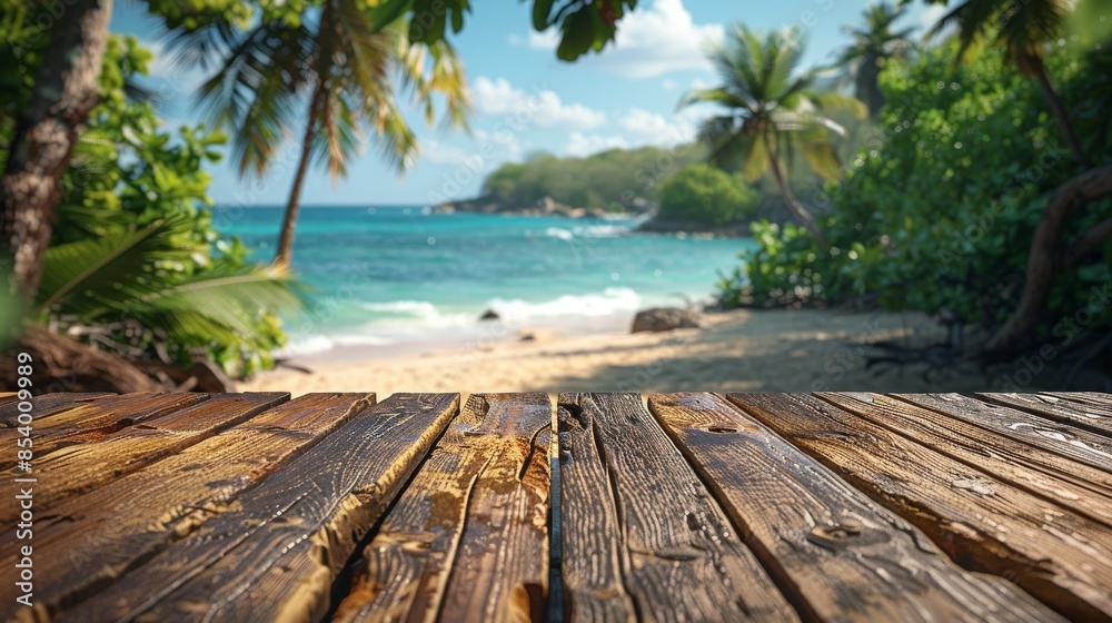 View from a wooden textured tabletop overlooking a pristine tropical beach with white sand and clear blue water View from a wooden textured tabletop overlooking a pristine tropical beach with white sand and clear blue water