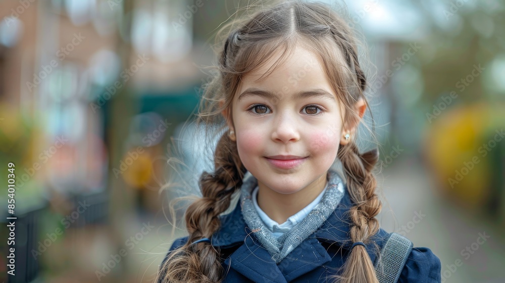 A portrait of a cheerful young girl with braids, focusing on her face with a blurred background A portrait of a cheerful young girl with braids, focusing on her face with a blurred background