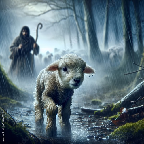 A young lamb stands prominently in a rain-soaked forest clearing with water droplets hanging from its wool with the shepherd in the background photo