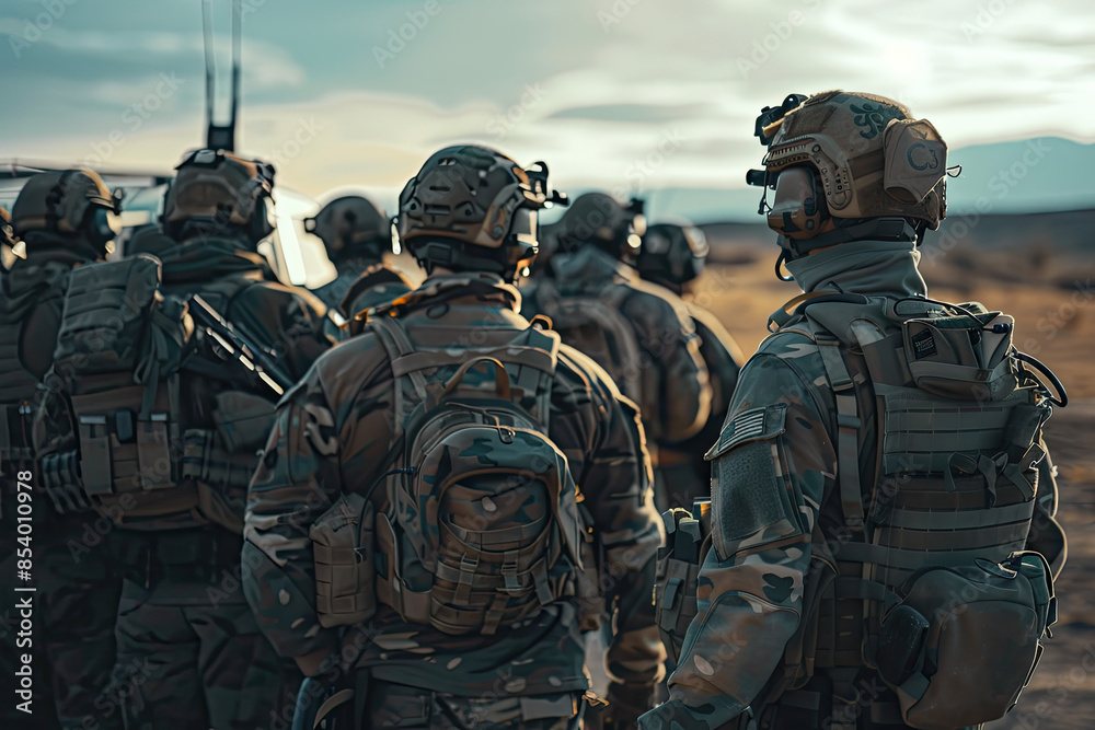 Fototapeta premium a group of special operation soliders posing from the back