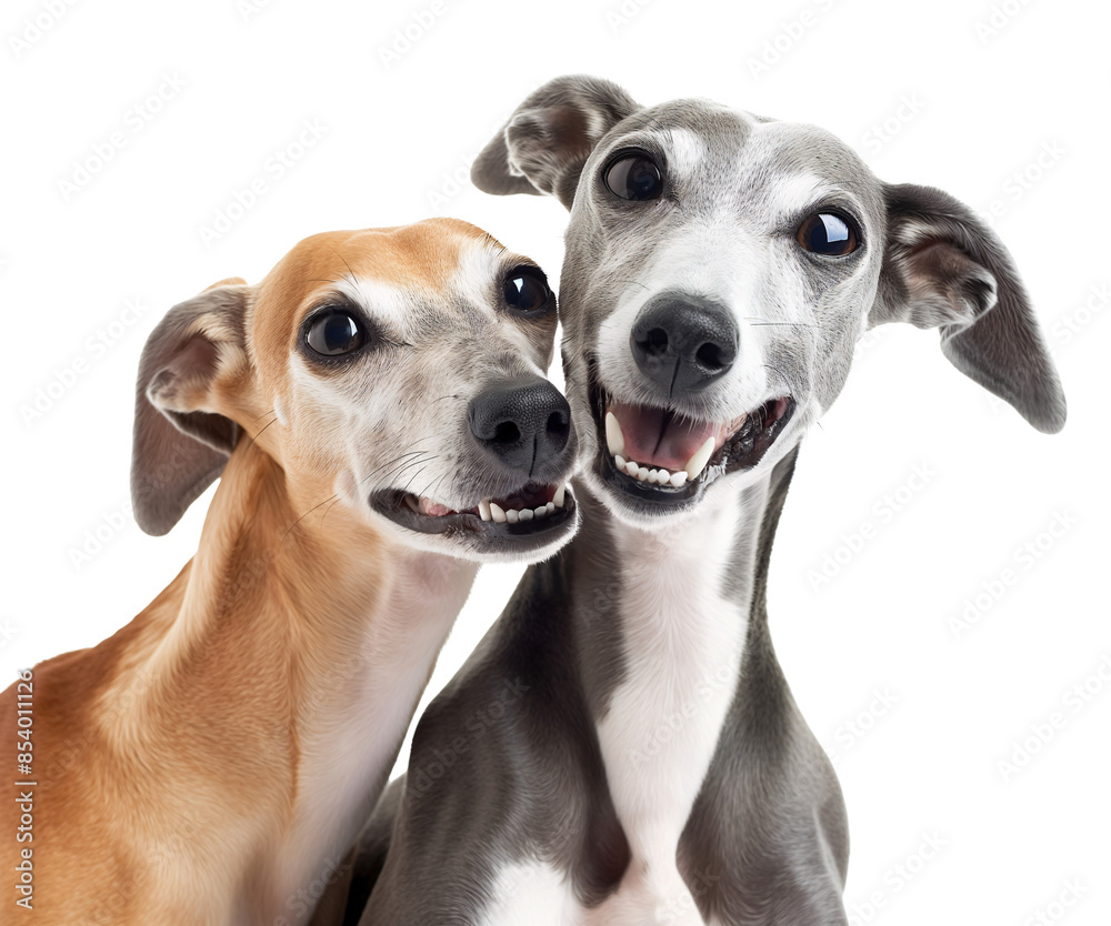 Adorable greyhound dog couple in love, head portrait in isolated background Adorable greyhound dog couple in love, head portrait in isolated background