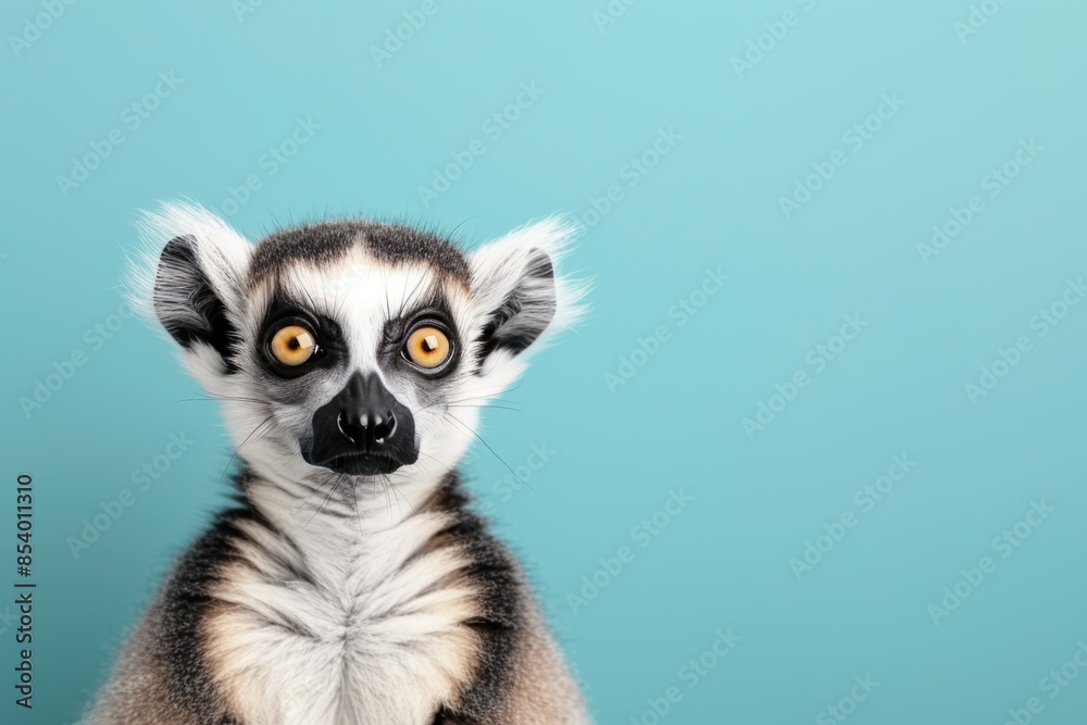 Curious lemur portrait against a teal background in studio setting Curious lemur portrait against a teal background in studio setting