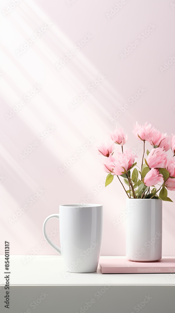 Obraz premium Cup of coffee and pink flowers