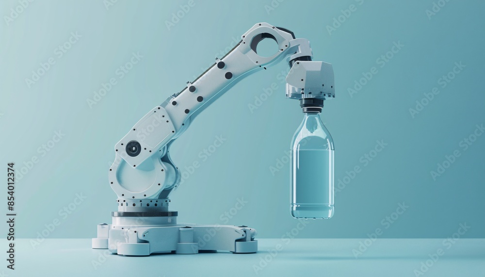 Robotic Arm Deployed in 3D Rendering for Capping Bottles in Manufacturing Scene Robot arm in the manufacturing process in industry Robotic Arm Deployed in 3D Rendering for Capping Bottles in Manufacturing Scene Robot arm in the manufacturing process in industry