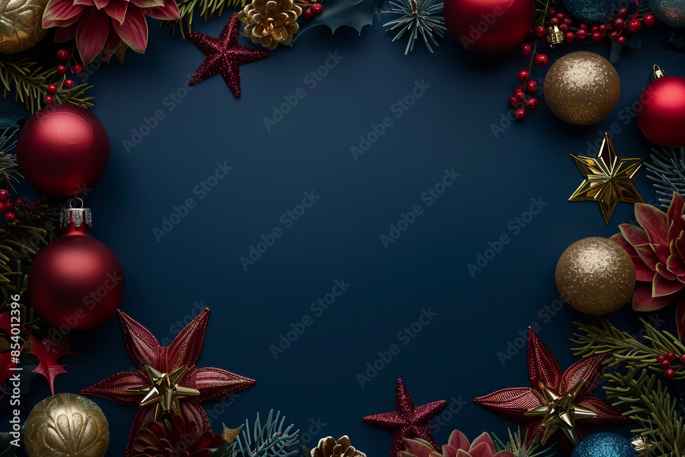 Dark Christmas background, flat lay copy space backdrop with Christmas decorations Dark Christmas background, flat lay copy space backdrop with Christmas decorations