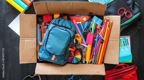 Back to school donation drive concept. Top view cardboard box with backpack full of colorful school supplies.