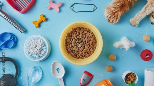 Collection of pet supplies on a pastel blue background, including a dog food bowl, toys, and grooming tools, ideal for pet care themes