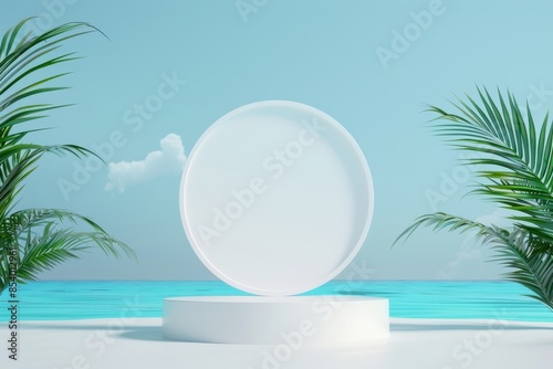 3D summer beach product display with island vacation theme for promotion ad on sky podium scene banner. © Gasi