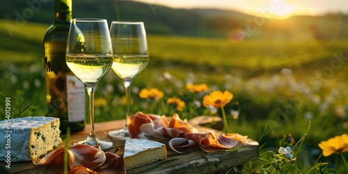 Beautiful served romantic picnic at summer sunset meadow. Green valley hills view. Provence. Still life. Bottle of white wine, two wine glasses, cheese, prosciutto. Rural countryside winemaking region photo