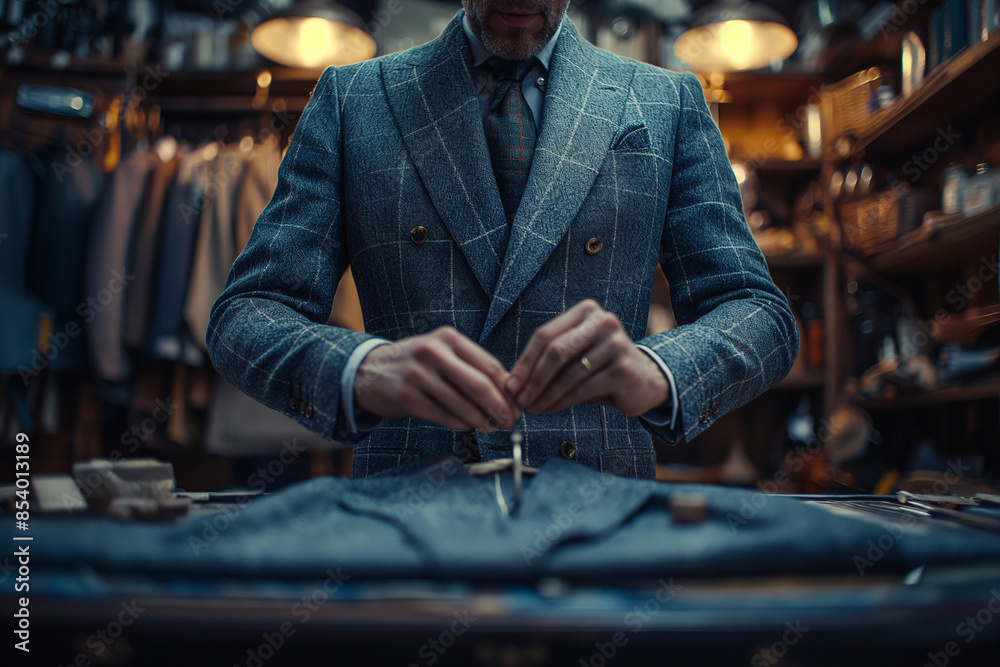 A tailor is working on an elegant business or wedding suit. A custom-made men's suit in a stylish luxury designer tailoring studio. Fashion concept. place for text. A tailor is working on an elegant business or wedding suit. A custom-made men's suit in a stylish luxury designer tailoring studio. Fashion concept. place for text.