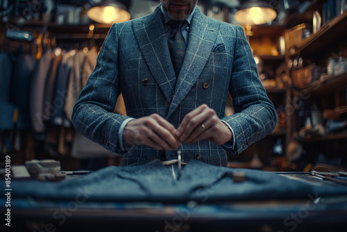A tailor is working on an elegant business or wedding suit. A custom-made men's suit in a stylish luxury designer tailoring studio. Fashion concept. place for text.