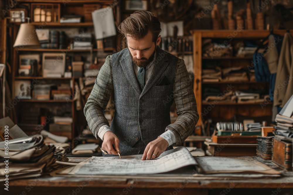 A tailor is working on an elegant business or wedding suit. A custom-made men's suit in a stylish luxury designer tailoring studio. Fashion concept. place for text. A tailor is working on an elegant business or wedding suit. A custom-made men's suit in a stylish luxury designer tailoring studio. Fashion concept. place for text.