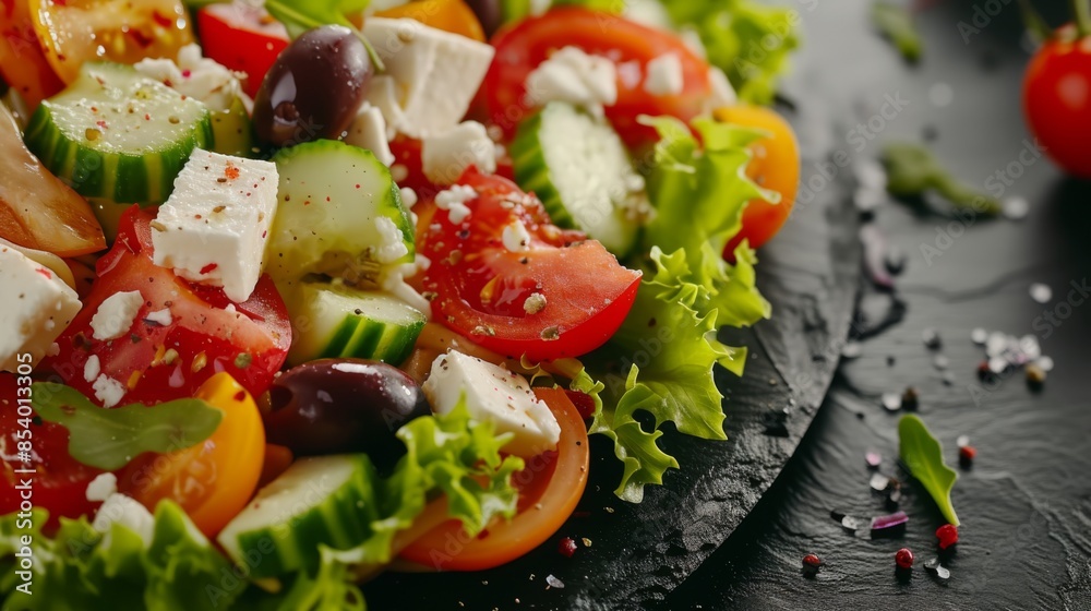 A vibrant Greek salad featuring fresh tomatoes, lettuce, bell pepper, cucumbers, olives, and feta cheese, presented on a black stone background A vibrant Greek salad featuring fresh tomatoes, lettuce, bell pepper, cucumbers, olives, and feta cheese, presented on a black stone background