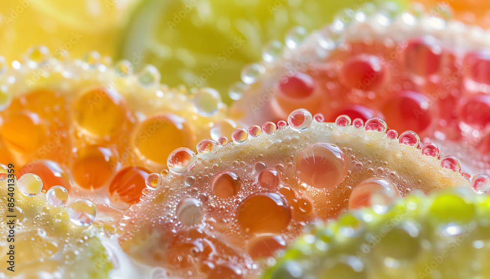 Macro shot of finger lime slices revealing the colorful citrus pearls. Macro shot of finger lime slices revealing the colorful citrus pearls.