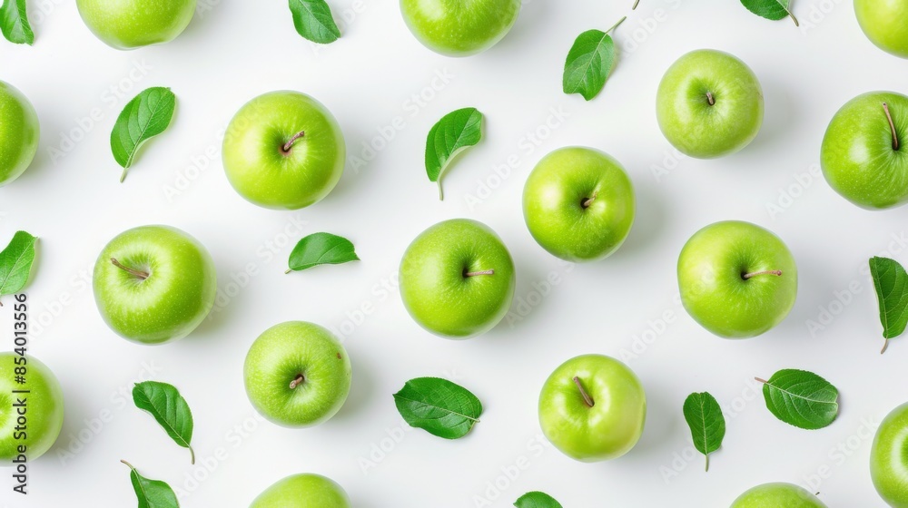 A pattern of fresh green apples in top view, flat lay style, isolated on a white background A pattern of fresh green apples in top view, flat lay style, isolated on a white background