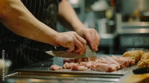 A butcher preparing food with a knife, cutting pork meat in a kitchen setting