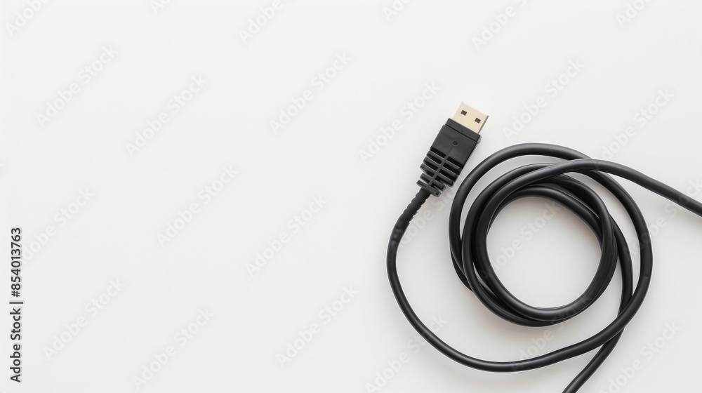Black power cable on white backdrop Close up Empty space