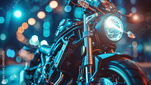motorcycle in night lights, Close-up selective focus  of a motorcycle