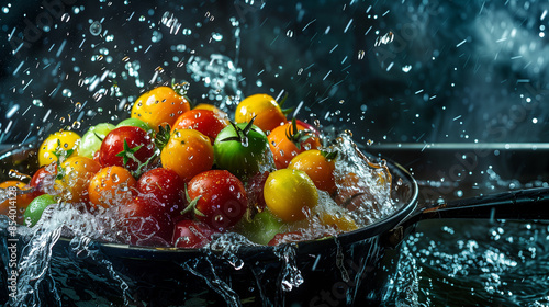 multi-colored tomatoes in a bowl with a stream of water on top