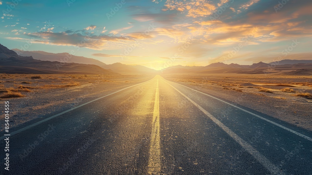 Empty Highway Through the Desert at Sunset with Mountains in the Background. Asphalt Road Leading to Horizon, Blue Sky with Clouds Bokeh, Beautiful Landscape Empty Highway Through the Desert at Sunset with Mountains in the Background. Asphalt Road Leading to Horizon, Blue Sky with Clouds Bokeh, Beautiful Landscape