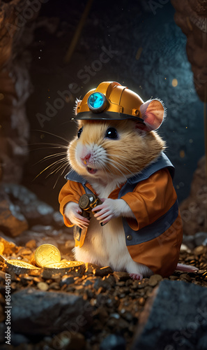 Cartoon hamster in a miner's suit, passionate about collecting crypto coins in the mine
