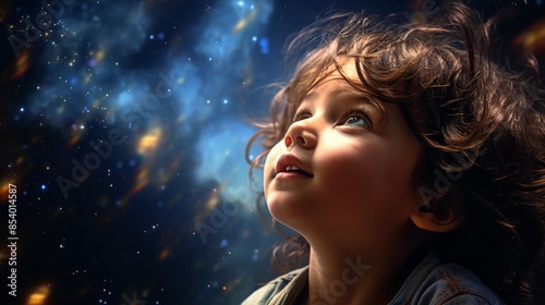 a child's face filled with wonder as they gaze up at a starry night sky.