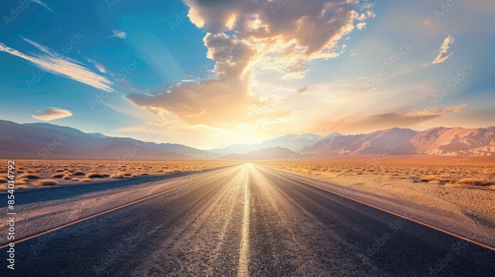 Fototapeta premium Empty Highway Through the Desert at Sunset with Mountains in the Background. Asphalt Road Leading to Horizon, Blue Sky with Clouds Bokeh, Beautiful Landscape