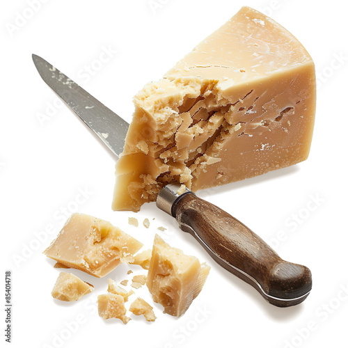 Aged parmesan cheese or parmigiana Reggiano and a knife isolated on a transparent background 