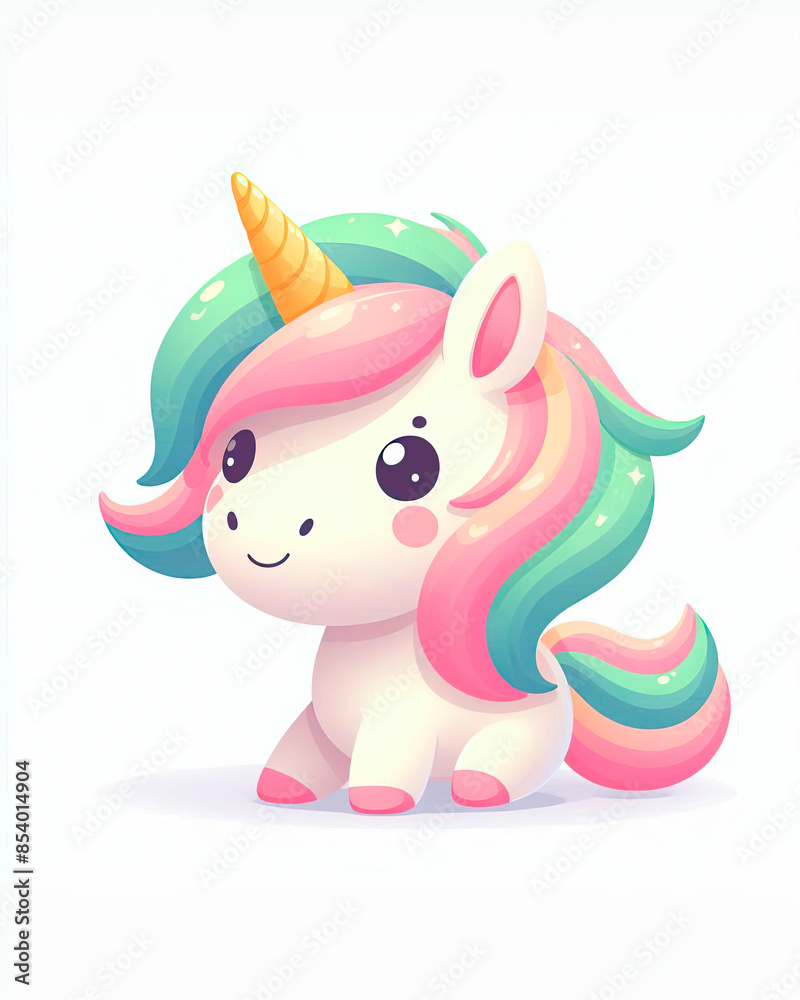 Cute cartoon happy magic unicorn with rainbow on a white background.