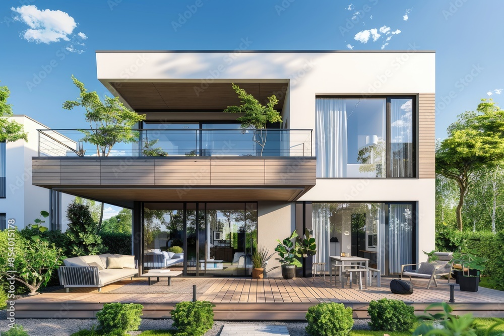 Modern Home With Wooden Terrace And Garden On A Sunny Day Modern Home With Wooden Terrace And Garden On A Sunny Day
