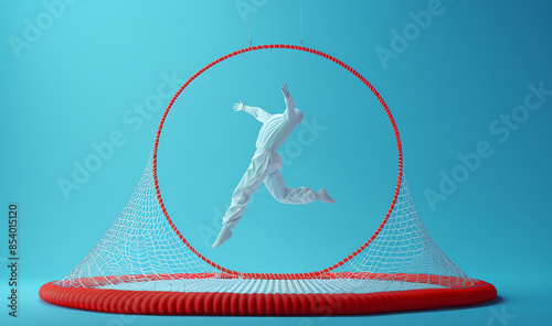 A trampoline gymnast mid flip, with the trampoline and safety nets in the frame. photo