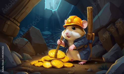 Cartoon hamster in a miner's suit, passionate about collecting crypto coins in the mine photo