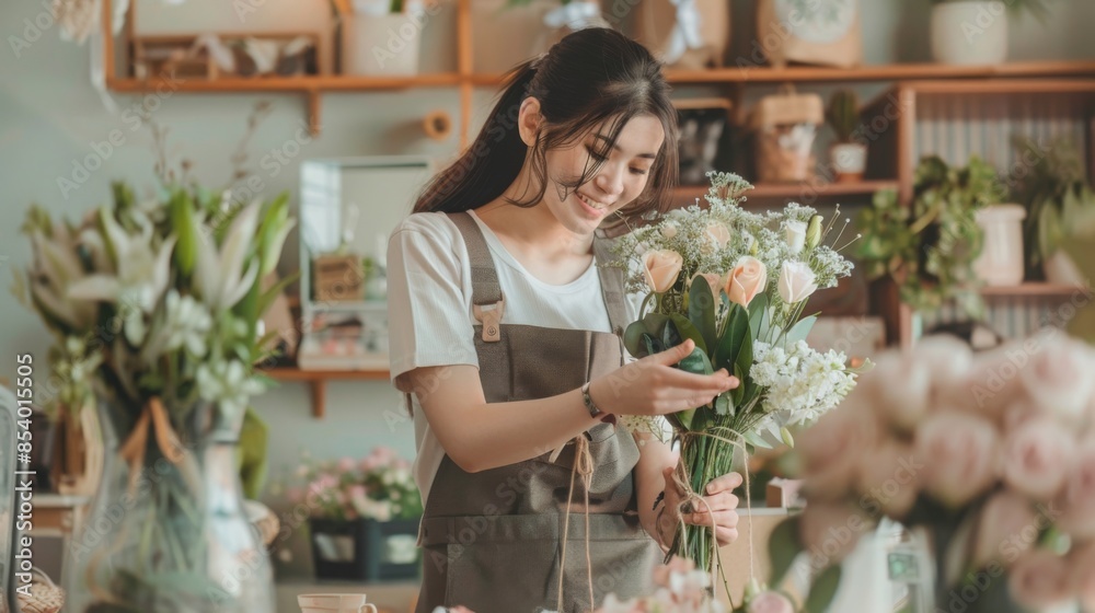A young woman smiles as she arranges a bouquet of flowers in a floral shop. She is wearing a white shirt and brown overalls. There are shelves of flowers behind her. A young woman smiles as she arranges a bouquet of flowers in a floral shop. She is wearing a white shirt and brown overalls. There are shelves of flowers behind her.