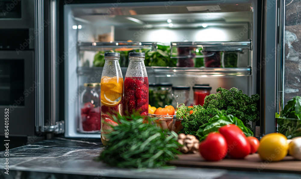 Products on the background of the kitchen. A variety of vegetables, fruits, herbs, juices and other drinks on the table against the background of a blurred kitchen and refrigerator. Healthy diet. Products on the background of the kitchen. A variety of vegetables, fruits, herbs, juices and other drinks on the table against the background of a blurred kitchen and refrigerator. Healthy diet.