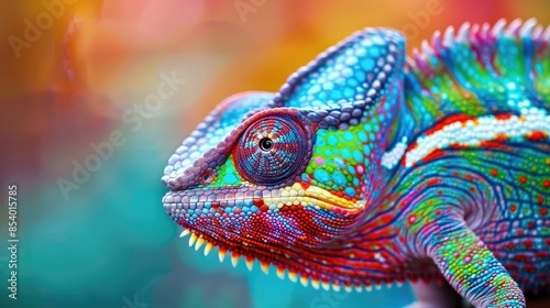 Close-up of a chameleon, its skin showcasing a spectrum of vibrant colors. A tropical animal known for its remarkable color-changing ability. © Lcs