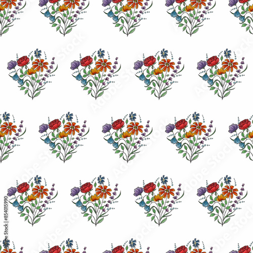 Hand drawn seamless floral pattern. Liner and pencils