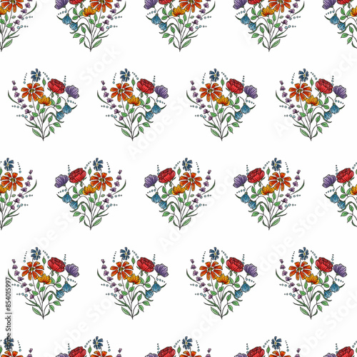 Hand drawn seamless floral pattern. Liner and pencils
