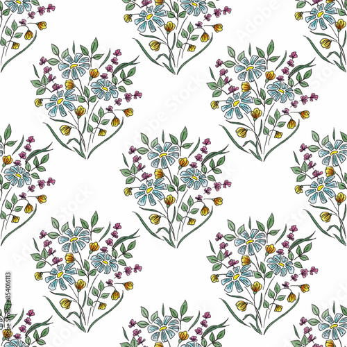 Hand drawn seamless floral pattern. Liner and pencils