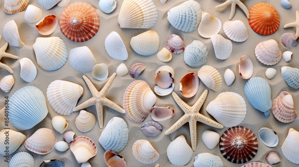 collection of seashells arranged on a sandy beach, each one unique and beautiful in its own way. collection of seashells arranged on a sandy beach, each one unique and beautiful in its own way.