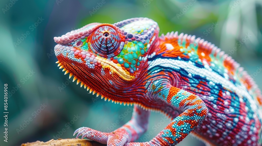 Colorful chameleon in focus, displaying a stunning array of hues. This tropical animal's color-changing feature is on full display Colorful chameleon in focus, displaying a stunning array of hues. This tropical animal's color-changing feature is on full display