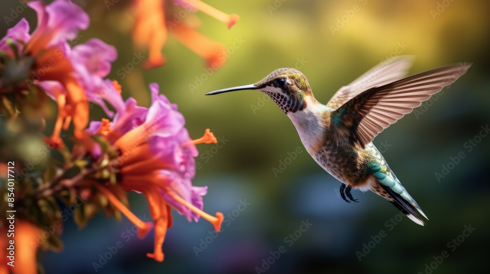 delicate hummingbird hovering near a vibrant wildflower. delicate hummingbird hovering near a vibrant wildflower.